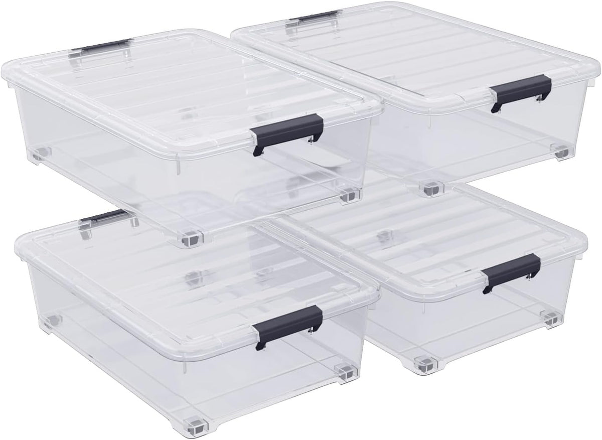 4-Pack 25L Plastic Under Bed Storage Organizer Bin Container with Latch Lids and Wheels, Clothes