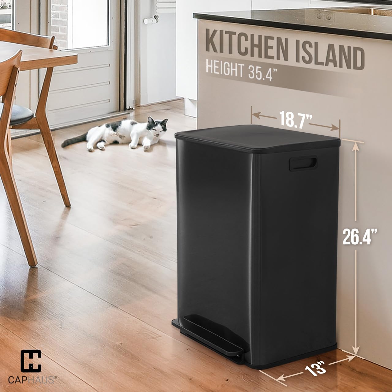 CAPHAUS Black Dual Trash Can w/Single Lid, Trash & Recycle Bins Combo, Hands-Free Stainless-Steel