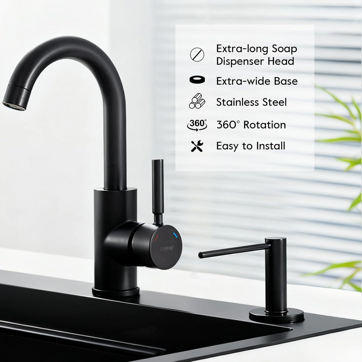 GAPPO Soap Dispenser for Kitchen Sink, Built in Sink Soap Dispenser, Matte Black Stainless Steel