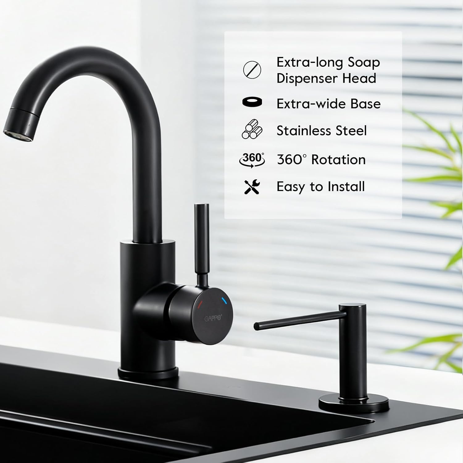 GAPPO Soap Dispenser for Kitchen Sink, Built in Sink Soap Dispenser, Matte Black Stainless Steel