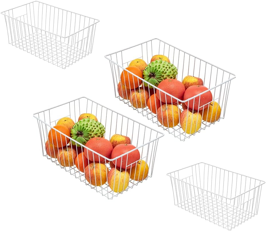 16inch Freezer Wire Storage Organizer Baskets, Household Refrigerator Bins with Built-in Handles