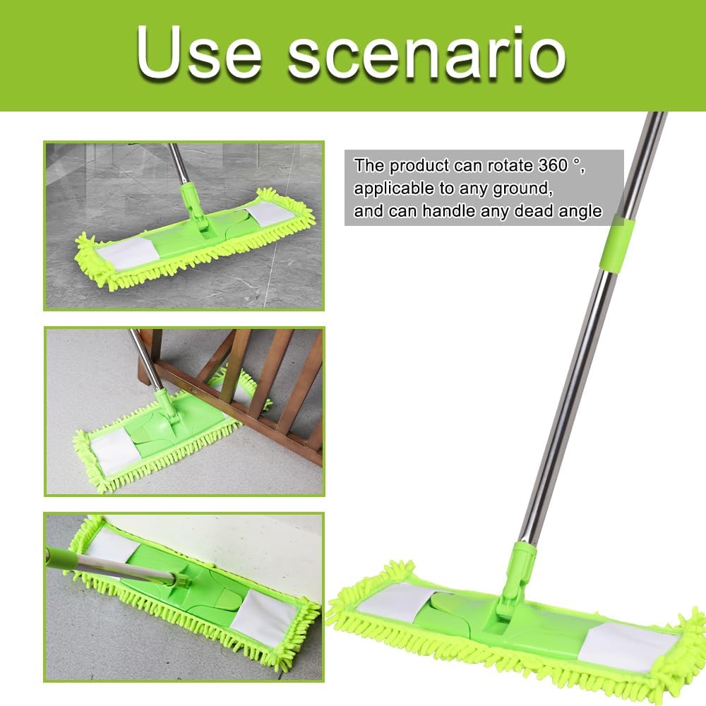 Dust Mop for Floor Cleaning with 2 Washable Chenille Pads and Extendable 58” Long Handle, Dry Wet