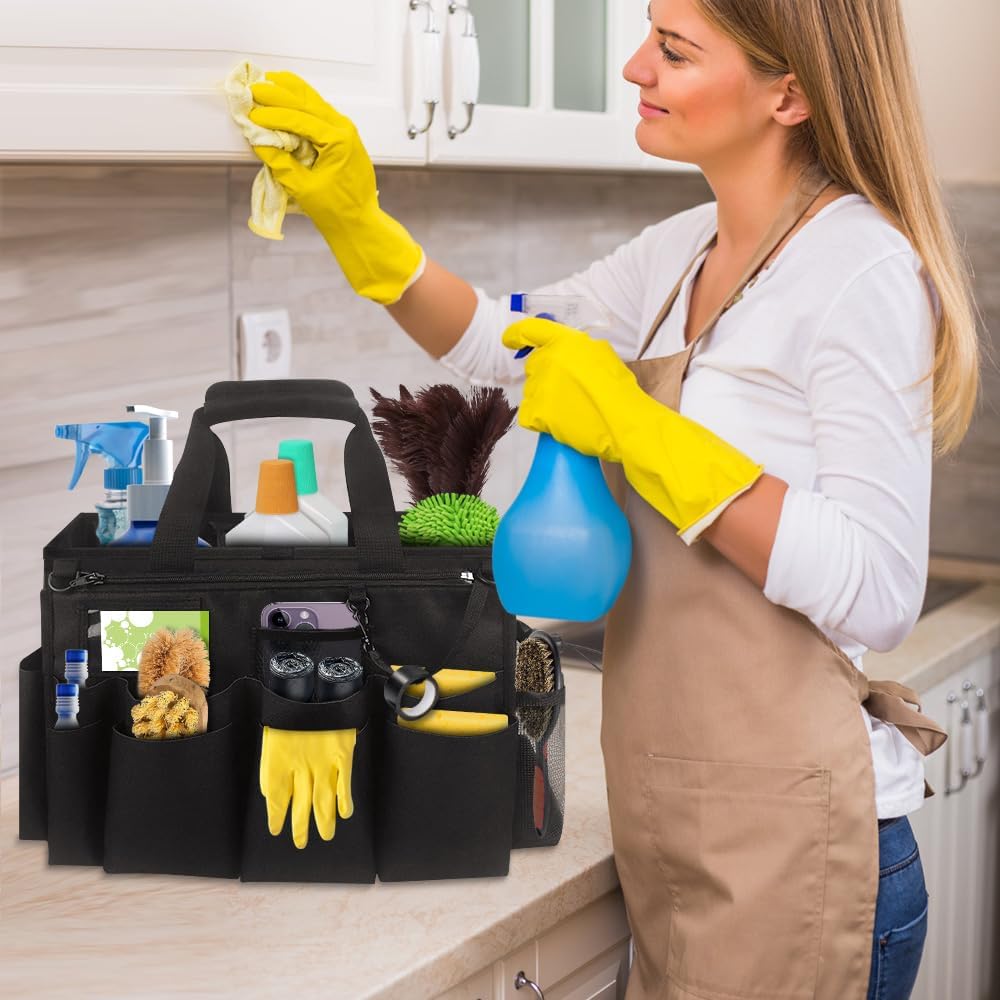 Qivine Cleaning Caddy with Handle, Cleaning Supply Caddy Foldable Tool Bag Cleaning Products