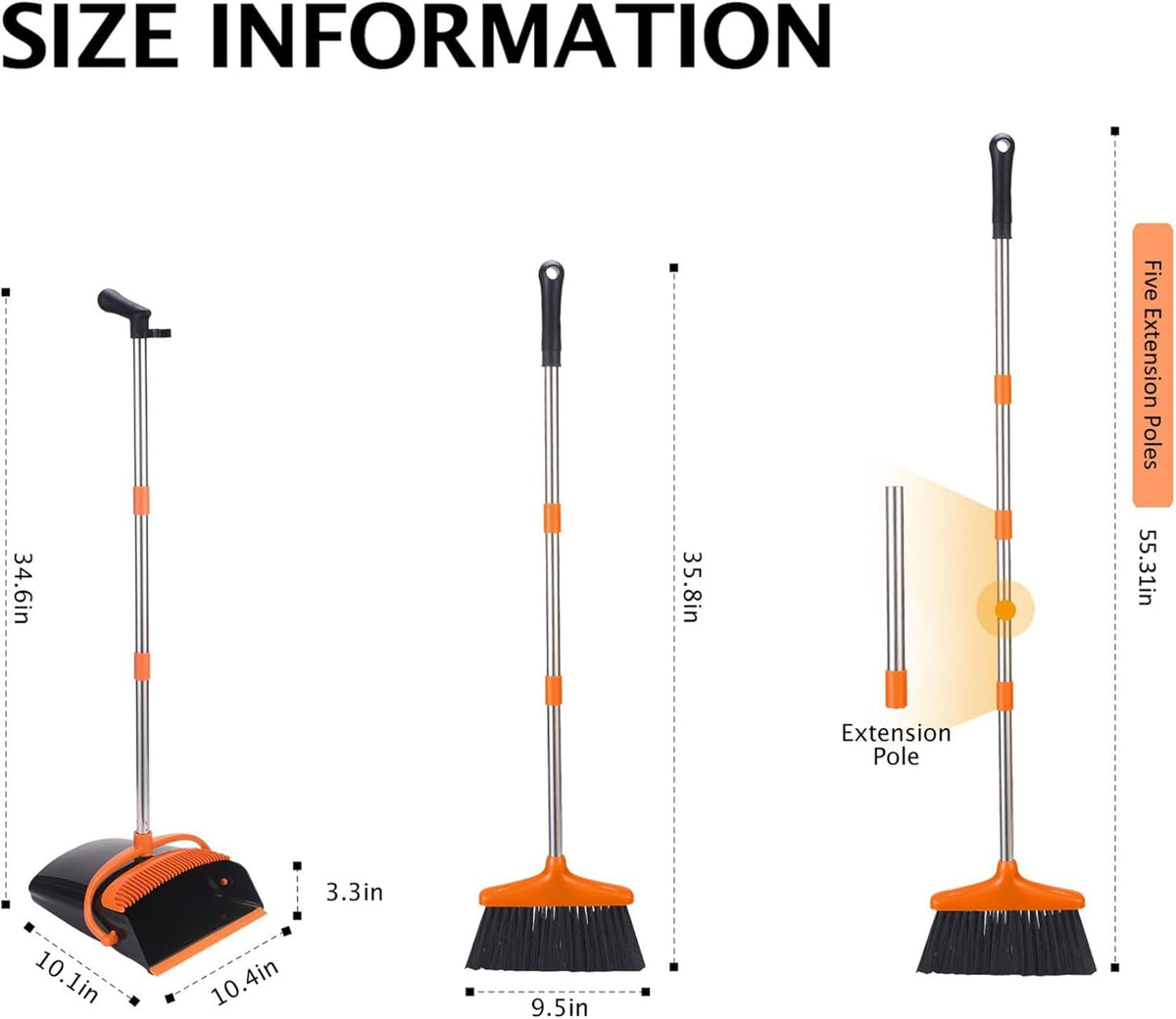 Broom and Dustpan Set with Long Handle, Light Weight Stainless Steel Poles Stand Upright Dustpans