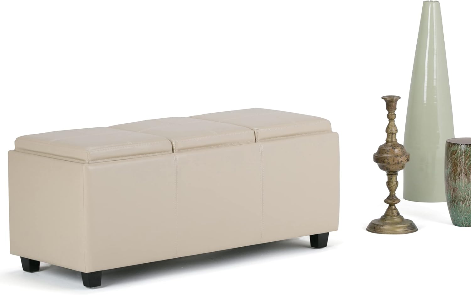 SIMPLIHOME Avalon 42 inch Wide Contemporary Rectangle Storage Ottoman in Satin Cream Vegan Faux