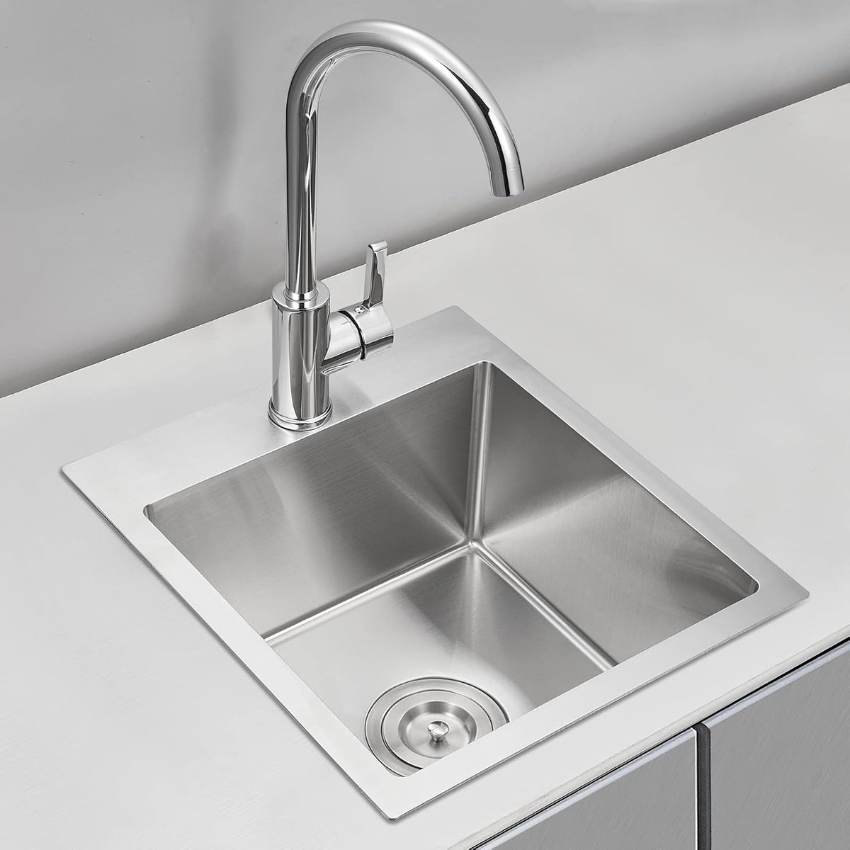 15x17 inch Bar Sink Drop in, Handmade 304 Stainless Steel Sink, 8" Deep Single Bowl, R10 Tight