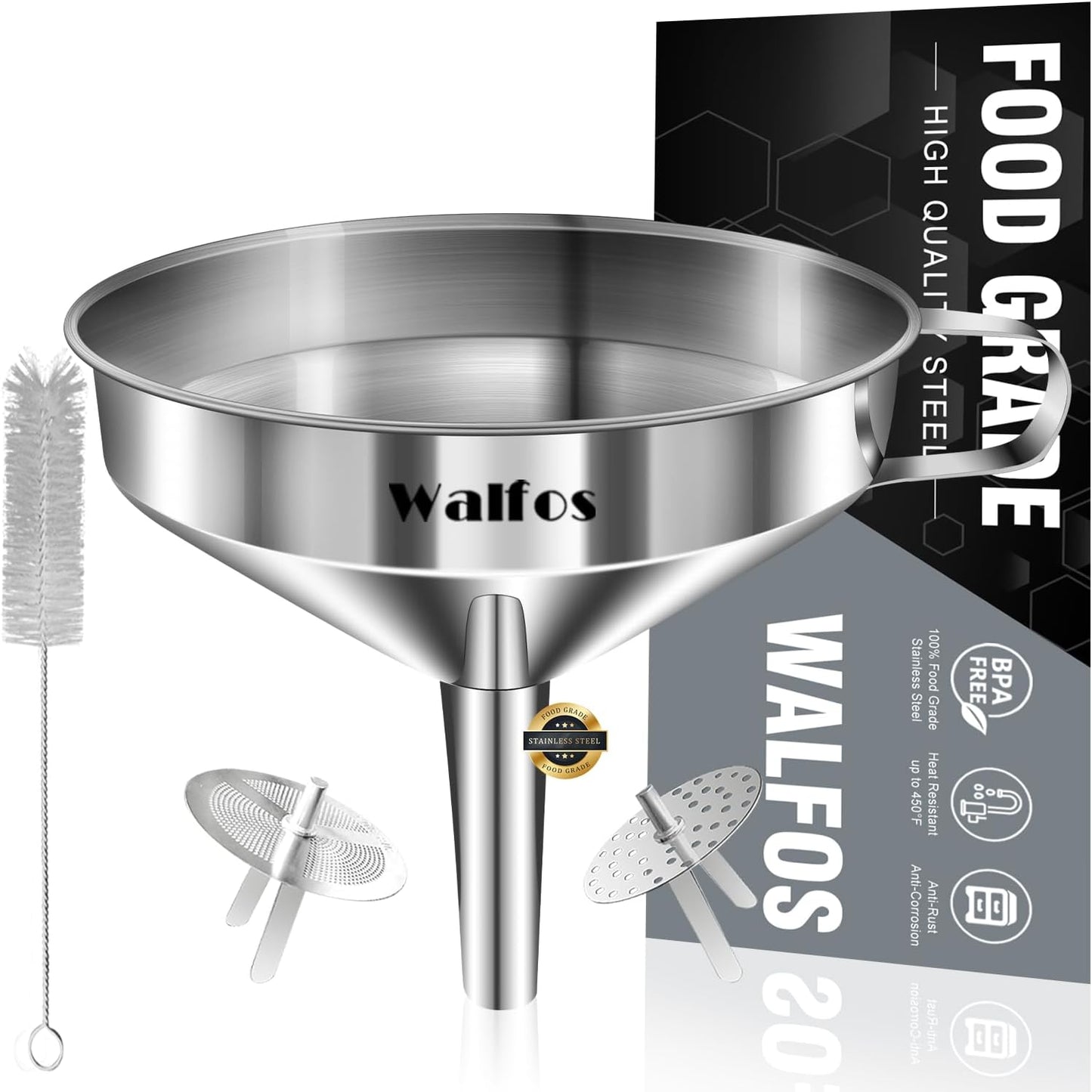 Large Stainless Steel Funnel, Walfos Kitchen Funnel with 2 Removable Strainer ＆ 1Pc Cleaning Brush