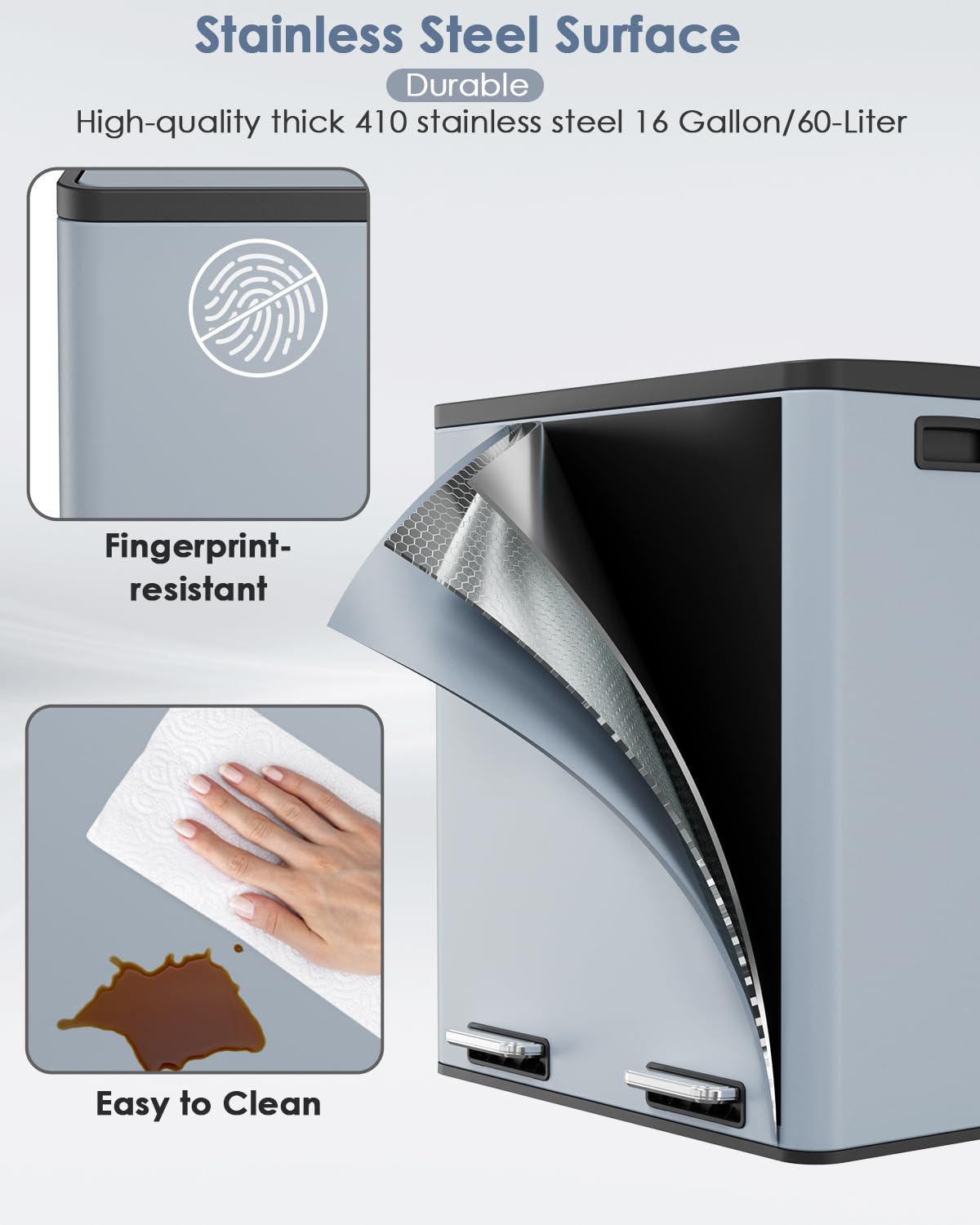 AthLike 60L(16 Gal) Dual Trash Can, Stainless Steel Kitchen Garbage Can, Double Compartment