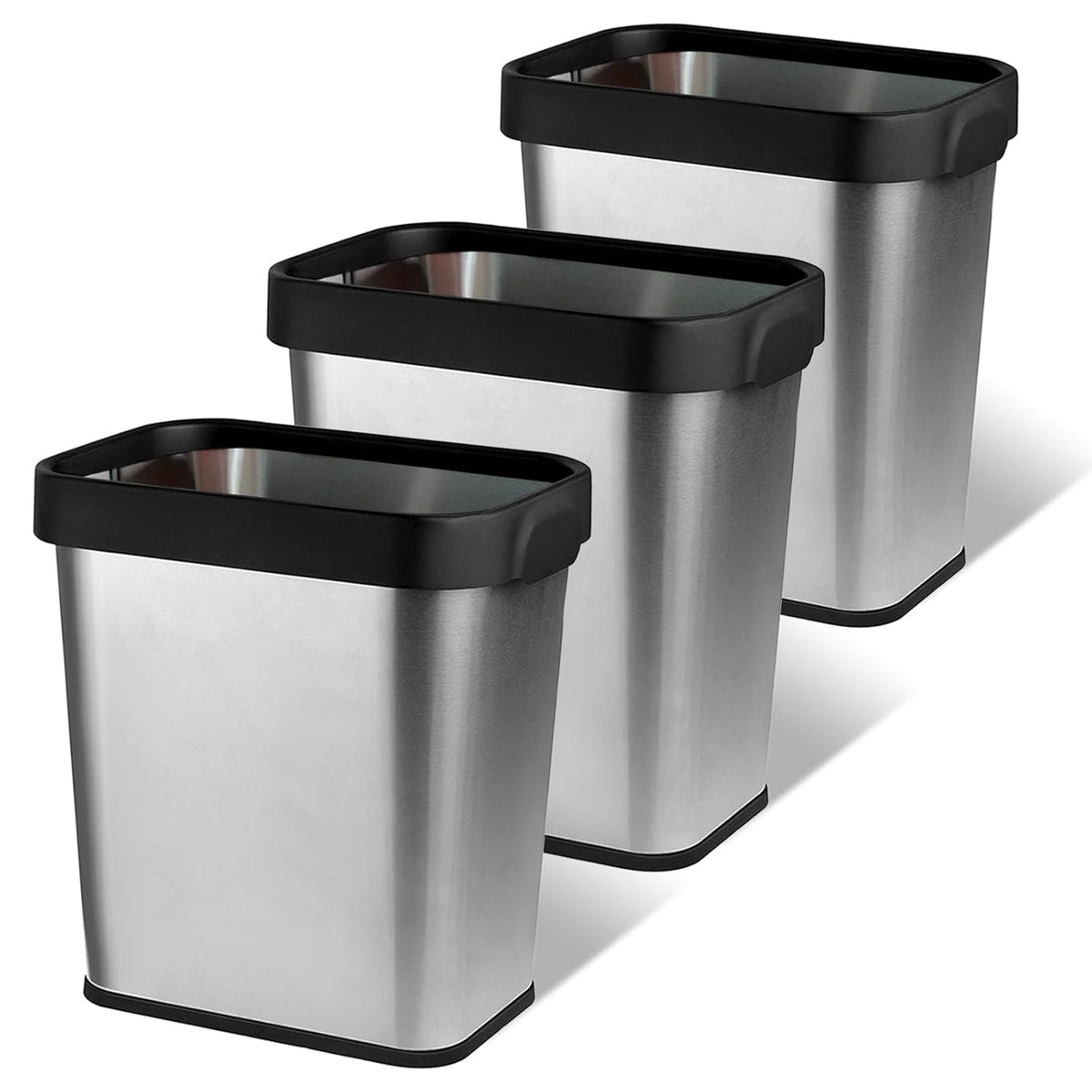 3 Pack Stainless Steel Trash Can 3 Gallon, Open Top Trash Can, 8" x 11" x 13", Rectangle Rubbish