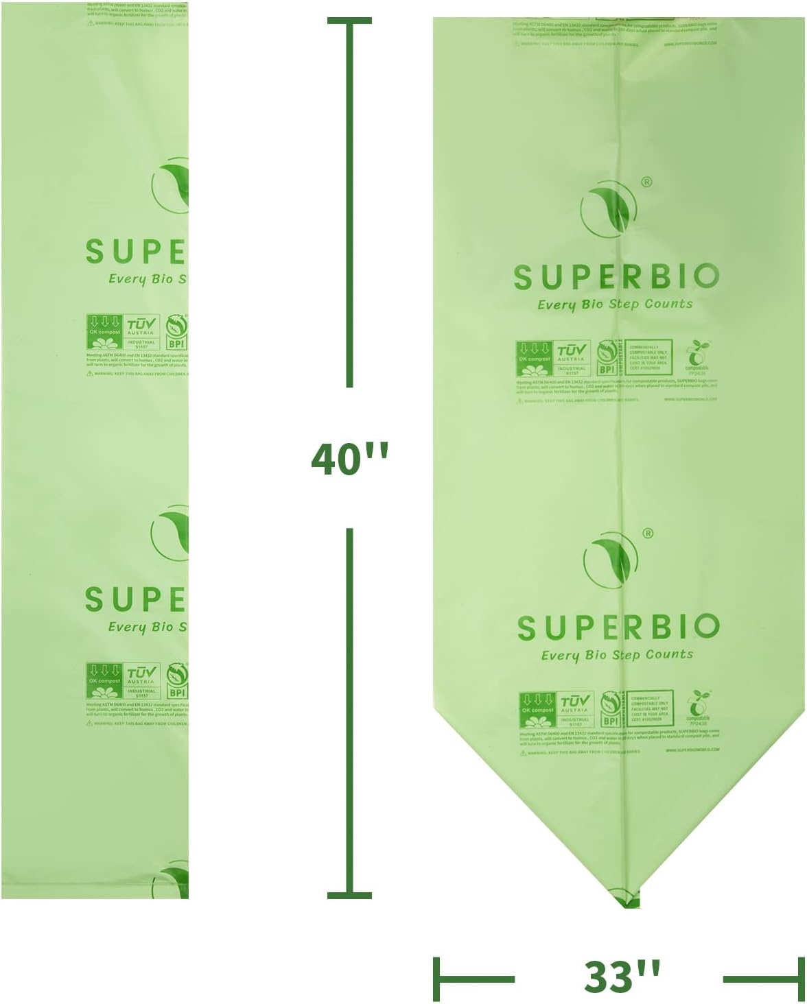 SUPERBIO 33 Gallon Compostable Yard Waste Bags, Lawn & Leaf Bags, 40 Count, ASTM D6400, BPI and OK