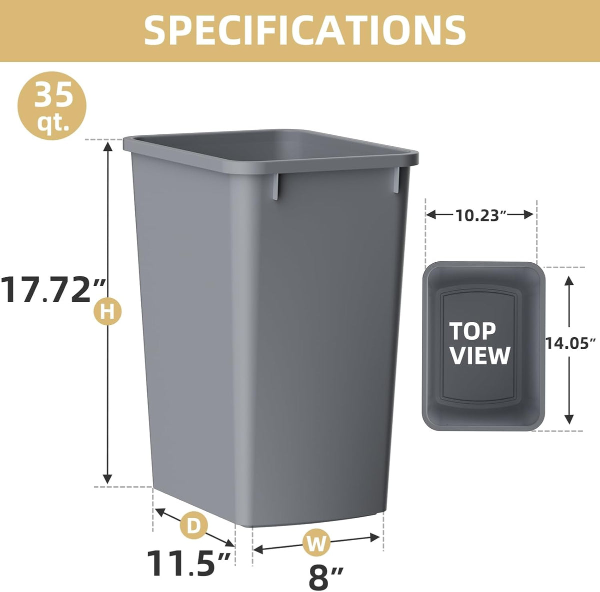ROOMTEC Lightweight and Durable Slim Trash Can, 35QT Kitchen Trash Can, Lightweight and Sturdy Slim