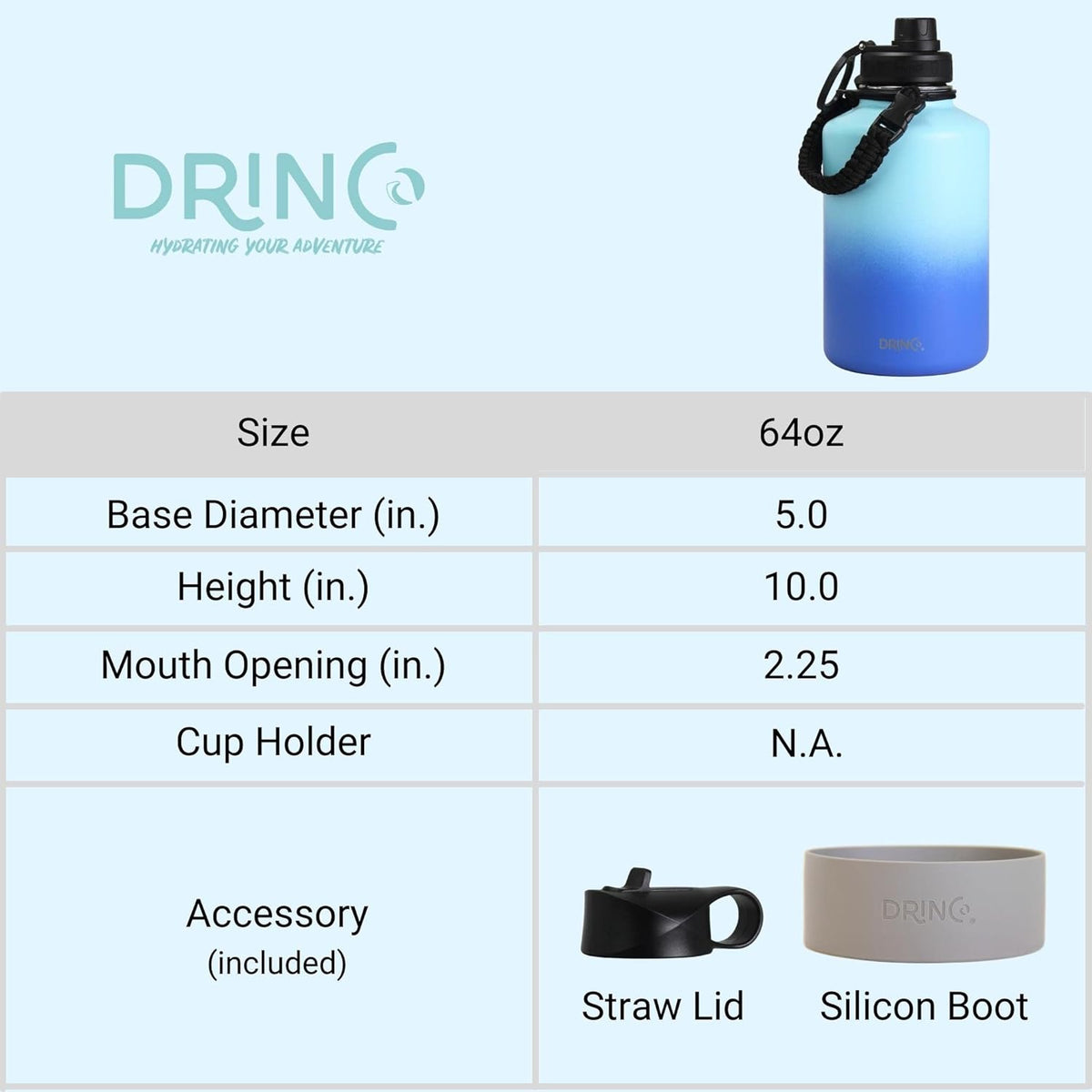 DRINCO Stainless Steel Water Bottle Spout Lid Vacuum Insulated Double Wall Water Bottle(64oz 40oz
