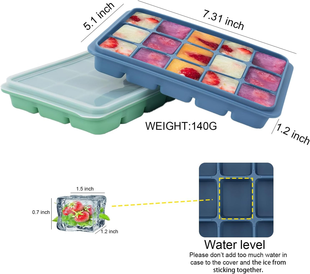 Ice Cube Trays with Silicone Lid, 15 Grid Square Ice Tray Easy Release Stackable Ice Cube Mold, 2