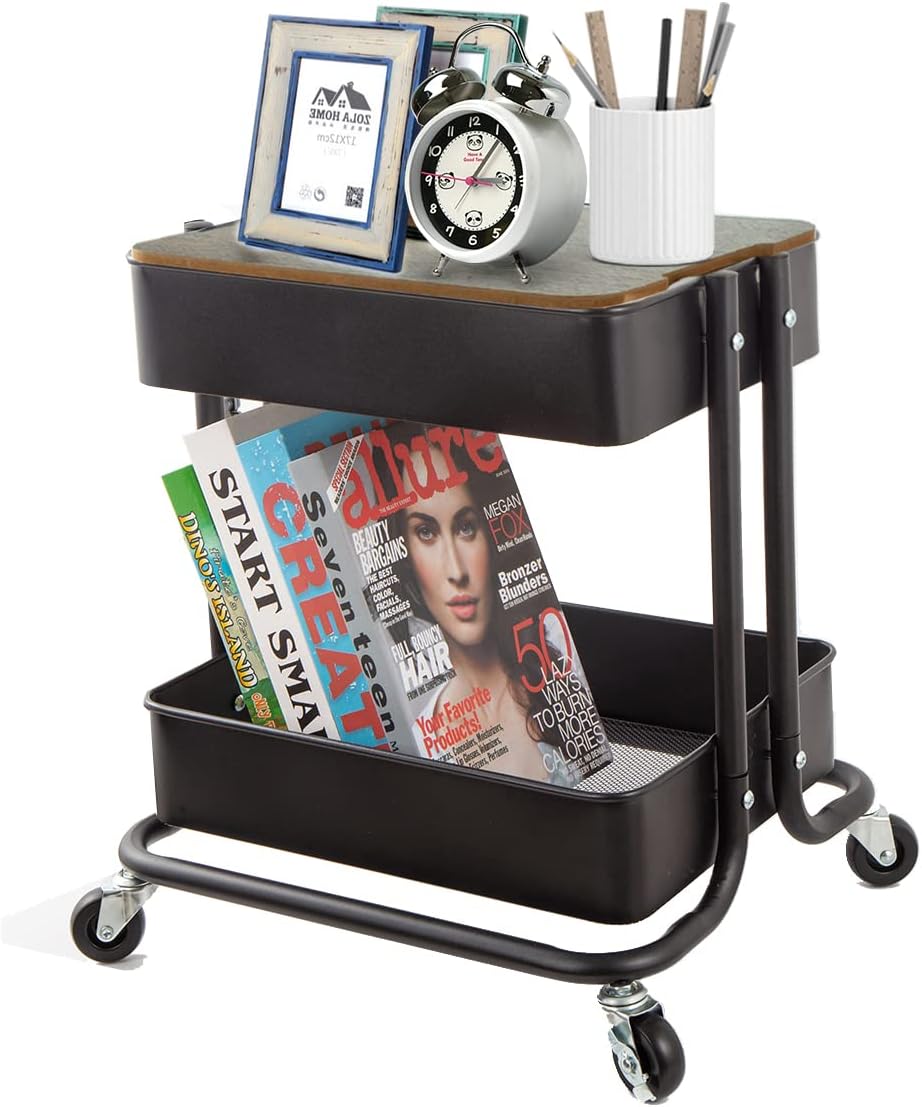 Melody House 2-Tier Metal Utility Rolling Cart Storage Organizer with Cover Board Mobile Trolley