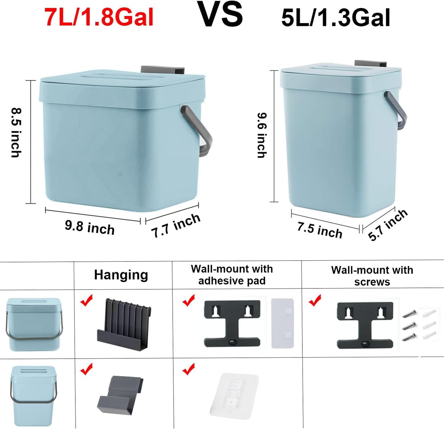 LALASTAR Kitchen Compost Bin, Hanging Trash Can with Lid for Kitchen Cabinet Door, Under Sink, Wall