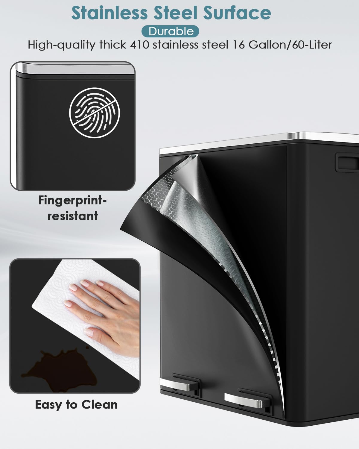AthLike 60L(16 Gal) Dual Trash Can, Stainless Steel Kitchen Garbage Can, Double Compartment
