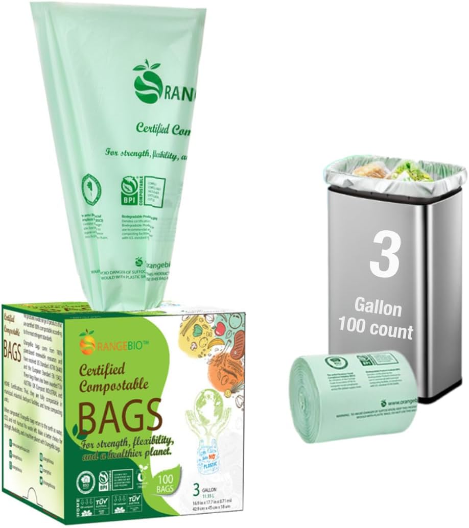 OrangeBio 3 Gallon Compostable Trash Bags, 100 Count, Food Grade, Plant-based, Biodegradable