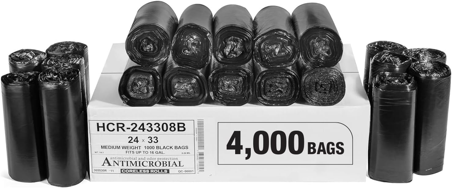 Aluf Plastics High Density Trash Bags, 16 Gallon, 4000 Count, 8 Micron (eq), 24" x 33", Black, for