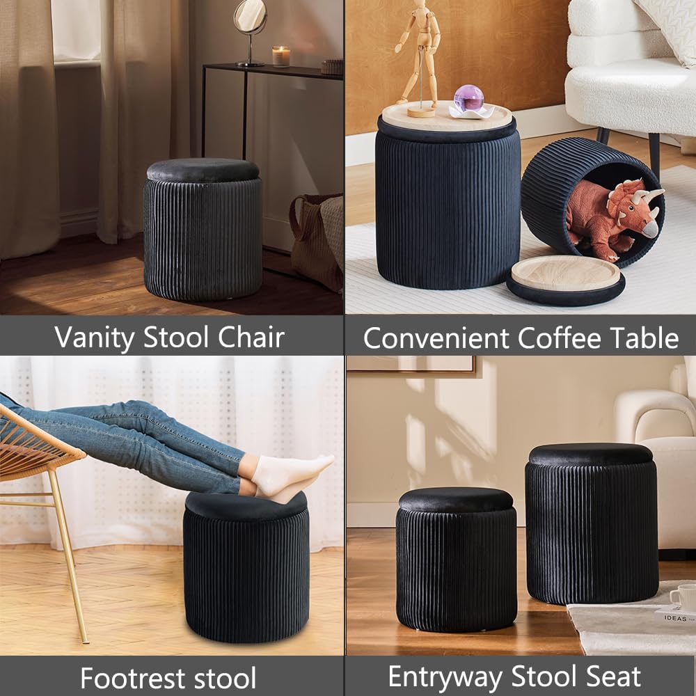 Round Ottoman with Storage Set of 2-Upholstered Velvet Vanity Stool for Makeup Multifunctional
