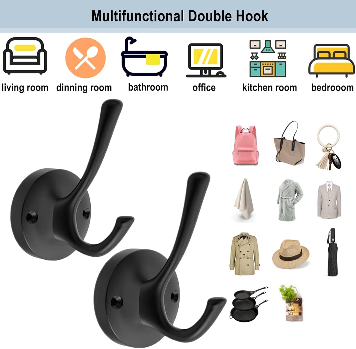 Black Towel Hooks, 2 Pack Coat Robe Hook Heavy Duty Metal Double Bathrobe Hook Wall Mounted, Hand