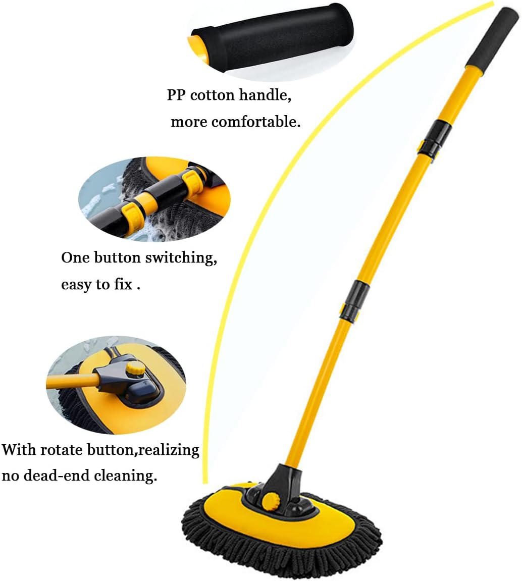 Car Wash Brush with Long Handle, Chenille Microfiber Mop Mitt with 1 Replacement Head, Wheel Brush
