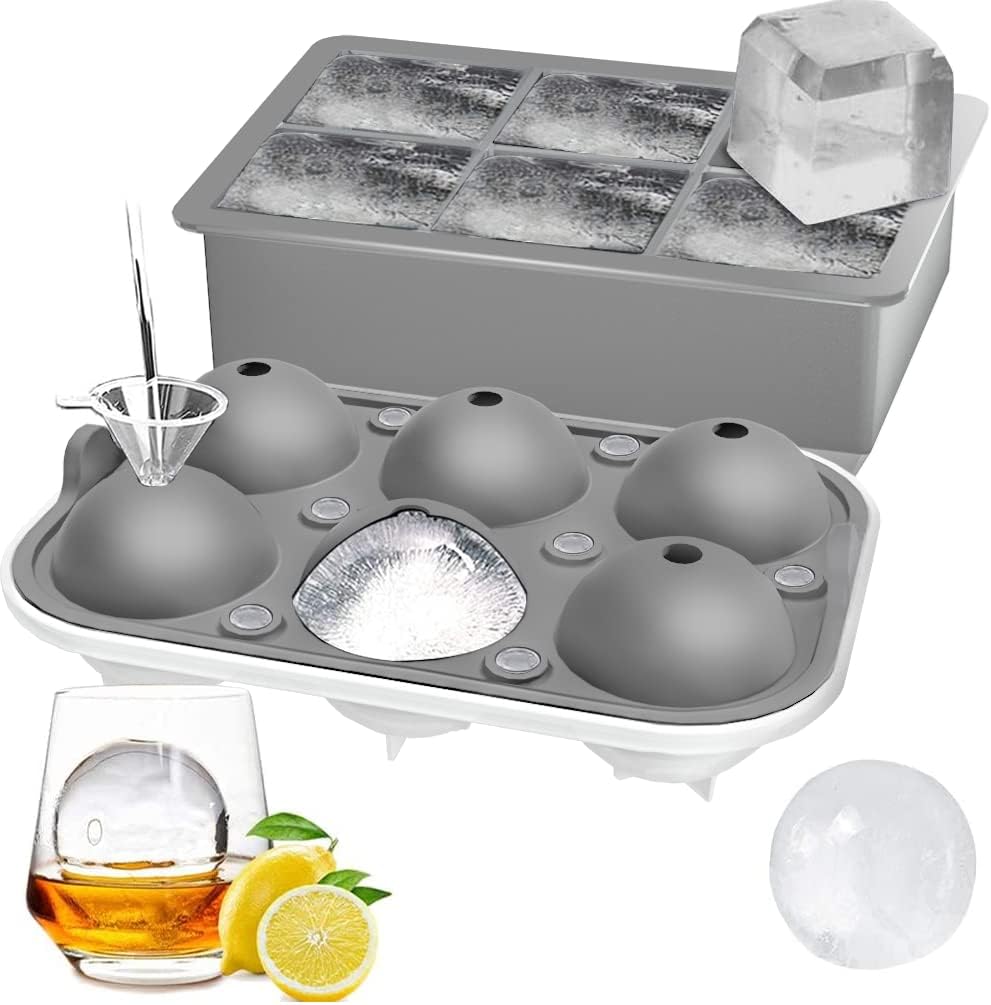 ROTTAY Ice Cube Trays (Set of 2), Sphere Ice Ball Maker with Lid & Large Square Ice Cube Maker for