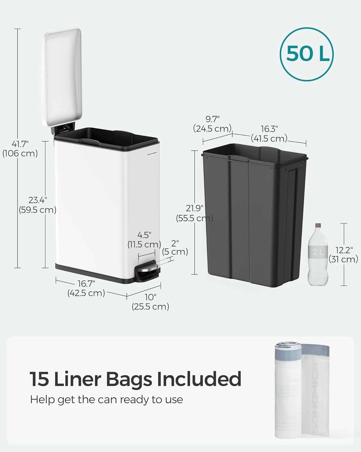 SONGMICS Slim Trash Can, 13-Gallon (50 L) Garbage Can for Narrow Spaces with Soft-Close Lid, Inner