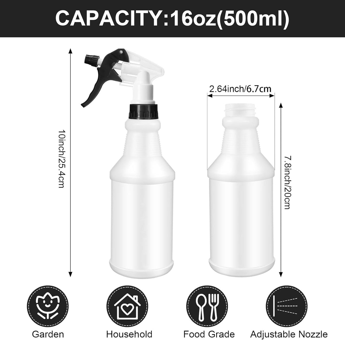 Eccliy 12 Pcs 16 Oz Plastic Spray Bottle, Adjustable Empty Reusable Sprayer for Cleaning, Planting