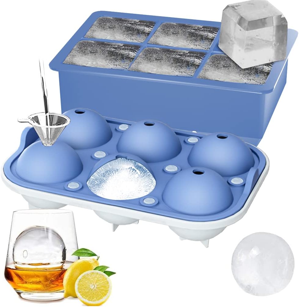 ROTTAY Ice Cube Trays (Set of 2), Sphere Ice Ball Maker with Lid & Large Square Ice Cube Maker for