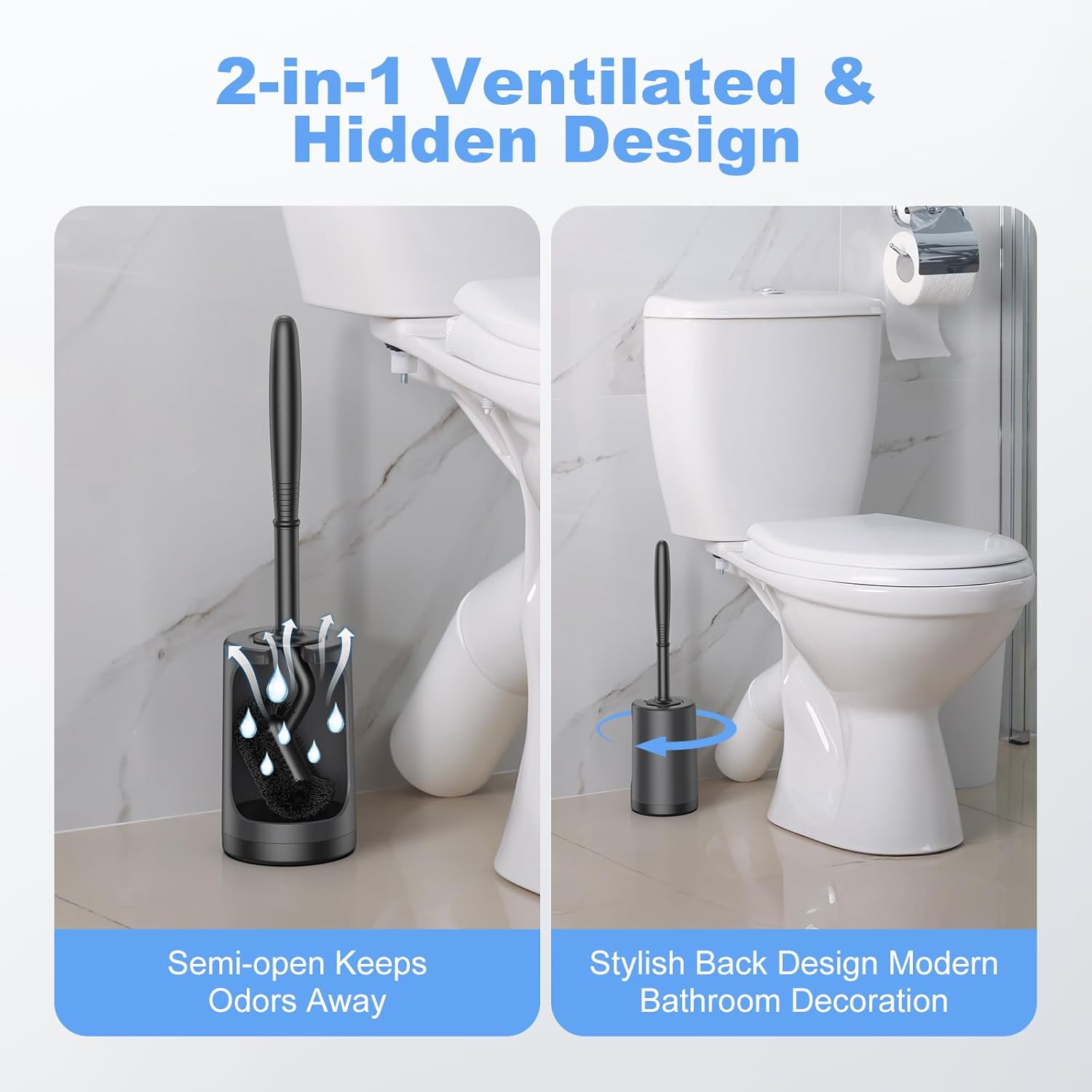 HAMITOR Toilet Bowl Brush Holder Set: Curved Design with Holder for Deep Cleaning Under Rim