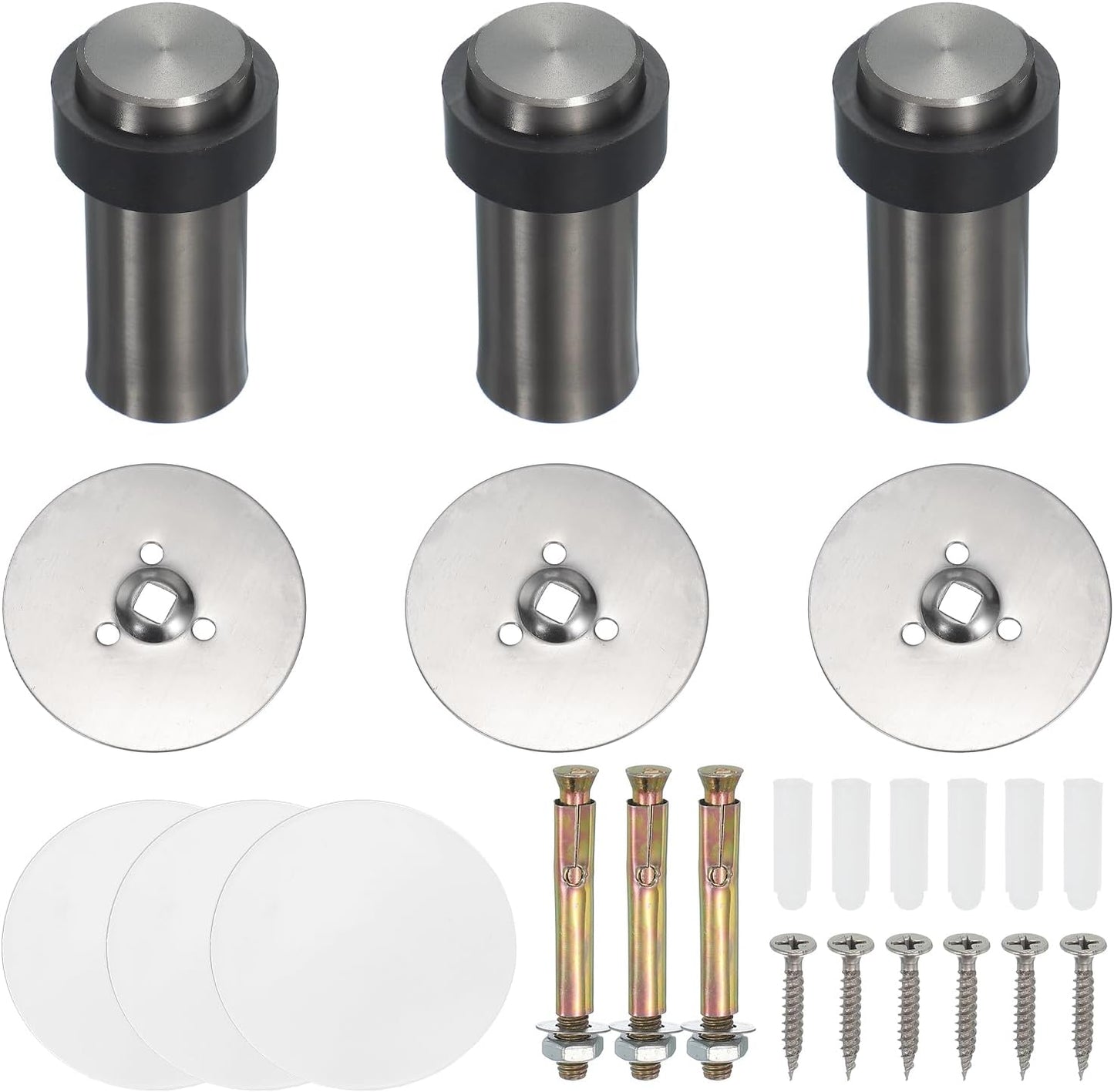 PATIKIL 3Set Round Door Stoppers, 80mm Stainless Steel Door Stop Doorstop Wedge Metal Cylinder Self