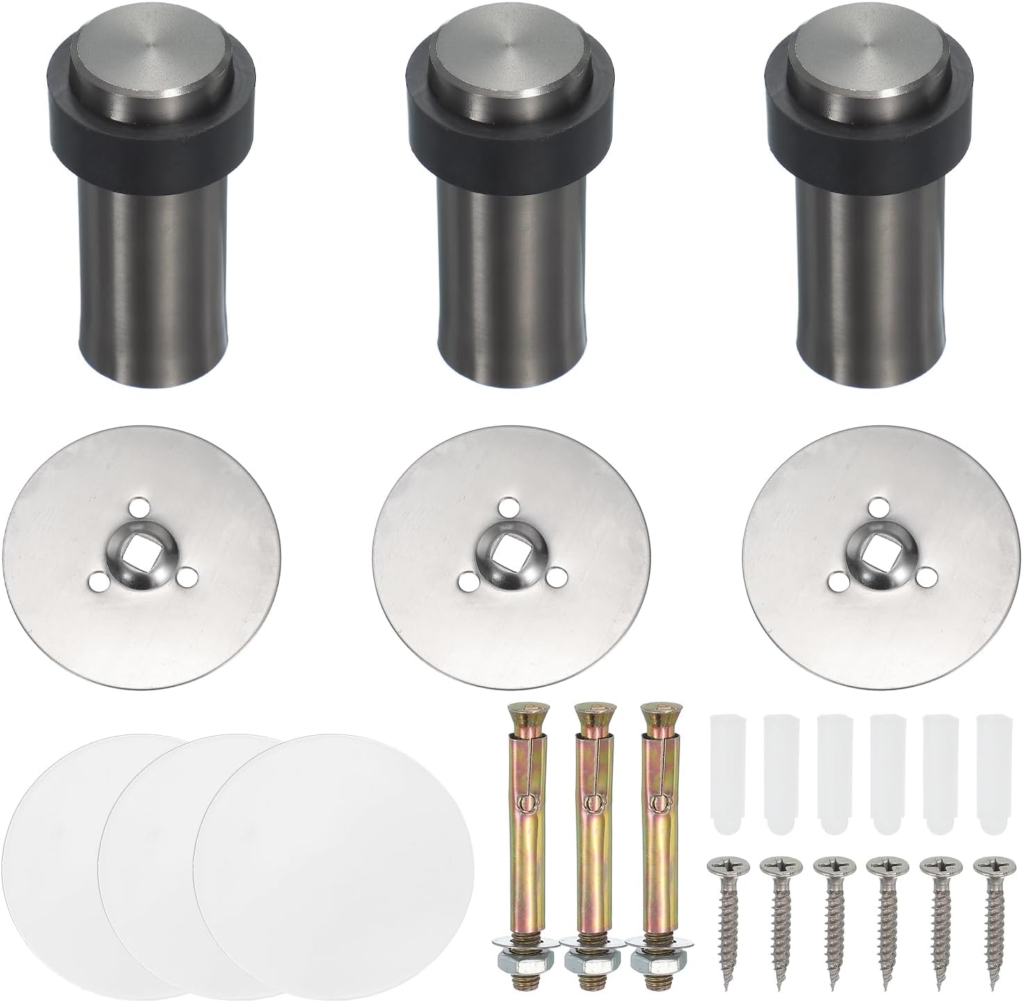 PATIKIL 3Set Round Door Stoppers, 80mm Stainless Steel Door Stop Doorstop Wedge Metal Cylinder Self