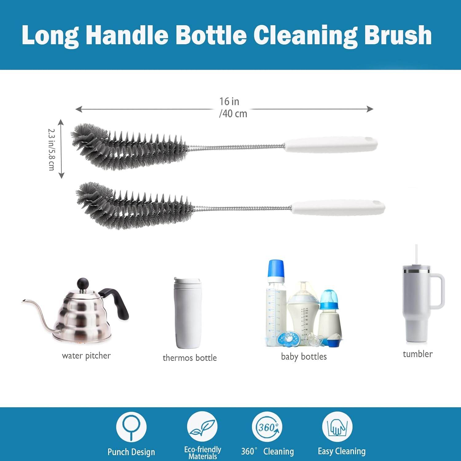 16 inches Long Handle Black Bottle Cleaning Brushes - Perfect for Baby Bottles, Sports Bottles