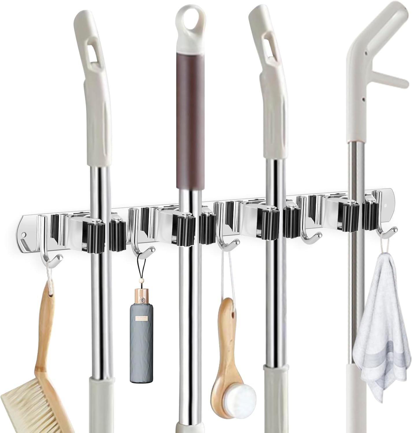IMILLET Broom Holder Wall Mounted, Stainless Steel Broom Mop Holder Self Adhesive Heavy Duty Hooks