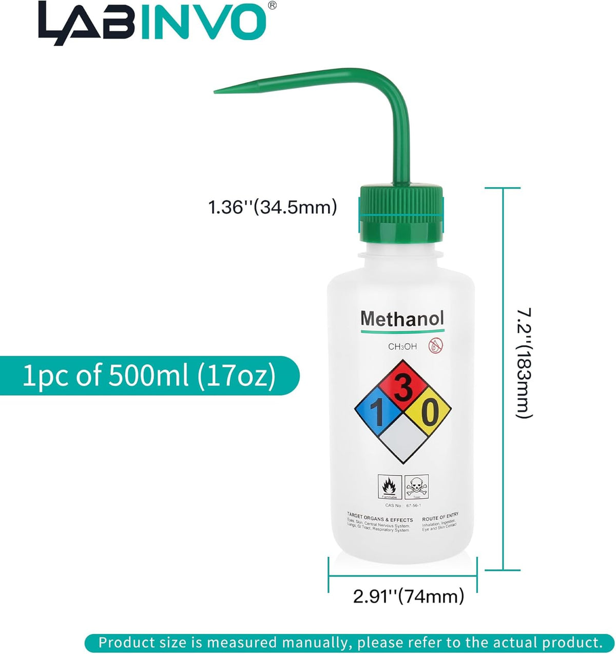 Self-Venting Safety Wash Bottles(Methanol), Pack of 1, With Chemical Name,.Vol.500Ml,Ldpe