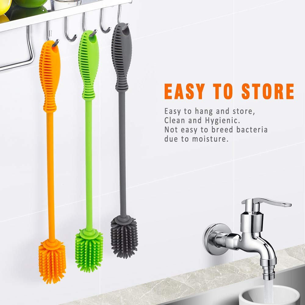 Silicone Bottle Brush with Long Handle, 12.5" Bottle Cleaning Brush, Gray