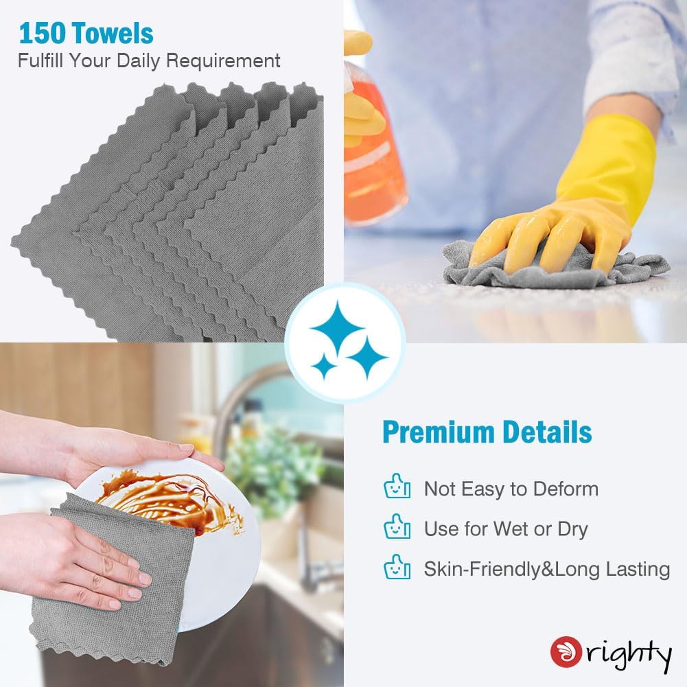 Orighty Grey Microfiber Cleaning Cloth, 150 Pack Highly Absorbent Cleaning Supplies, Lint Free