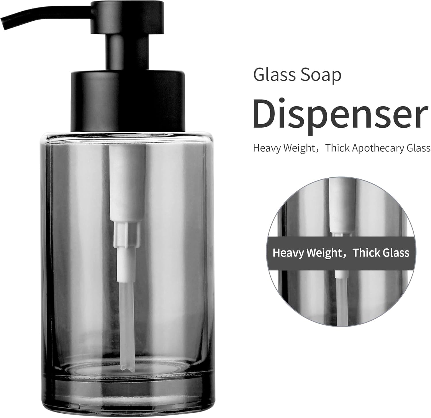 Enra Foaming Soap Dispenser, 12oz Black Thick Glass Bathroom and Kitchen Soap Dispenser with