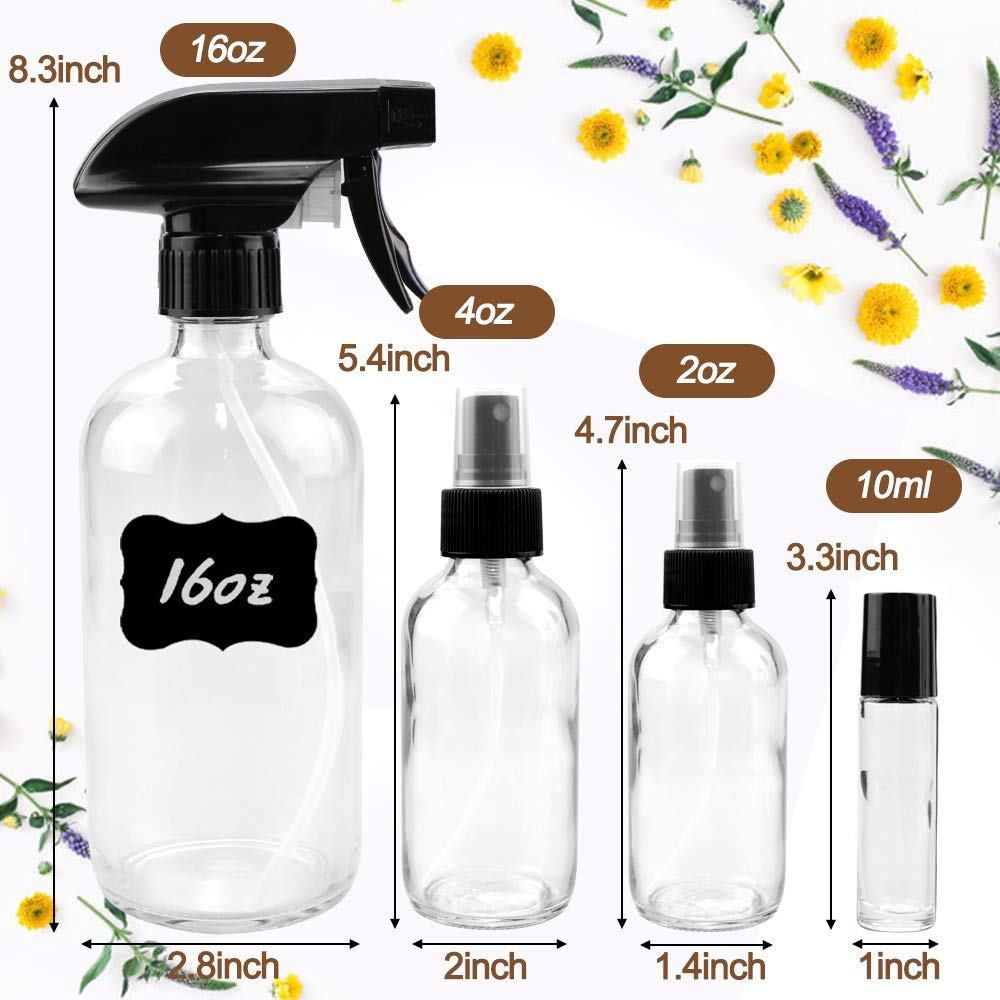 Glass Spray Bottle Kit×10 (2×16 oz, 2×4 oz, 6×2 oz), 9×10 ml Roller Bottles, Anti UV, Multi Size