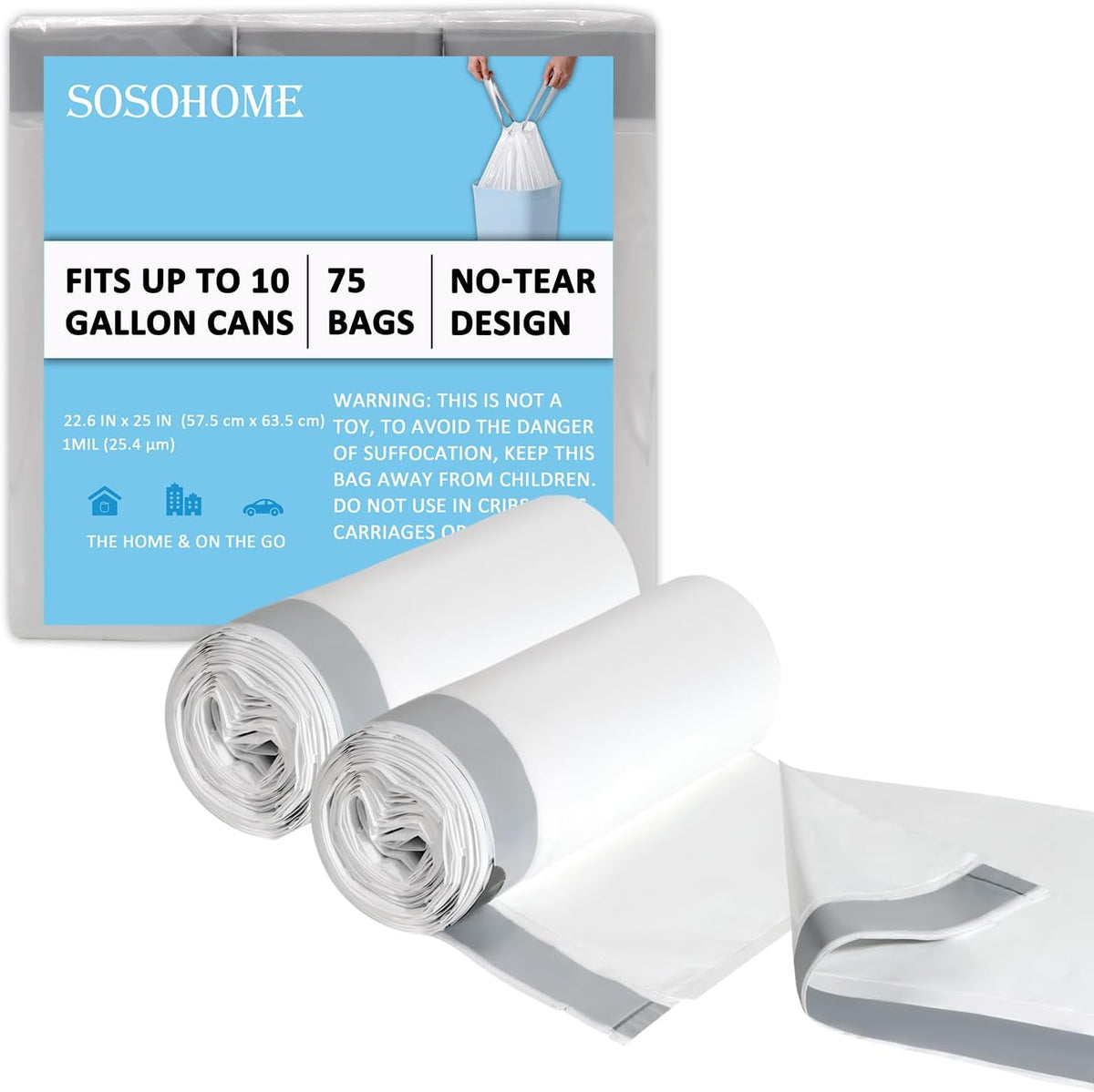 10 Gallon Trash Bags Drawstring, 1 Mil Thick White Garbage Bag for Office Kitchen, 75 Count