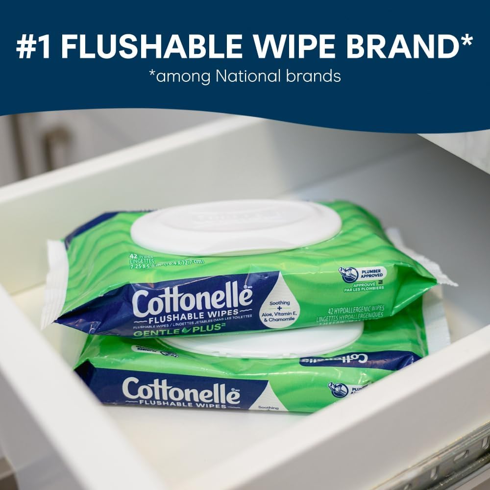 Cottonelle GentlePlus Flushable Wet Wipes with Aloe & Vitamin E, 4 Flip-Top Packs, 42 Wipes Per