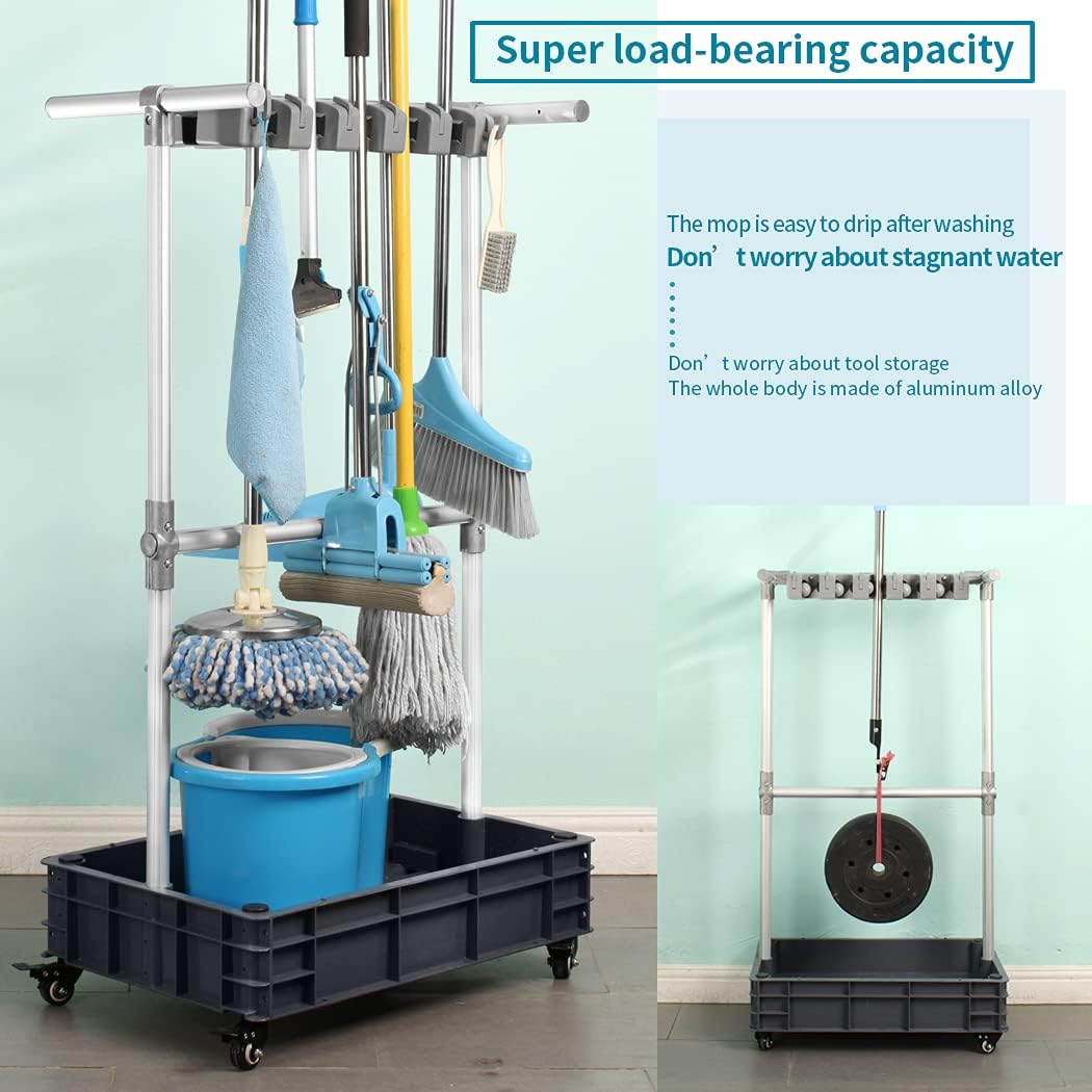 Broom And Mop Holder Put Wet Mops Movable Floor-Mounted Mop Rack Floor Standing Cleaning Tool Cart