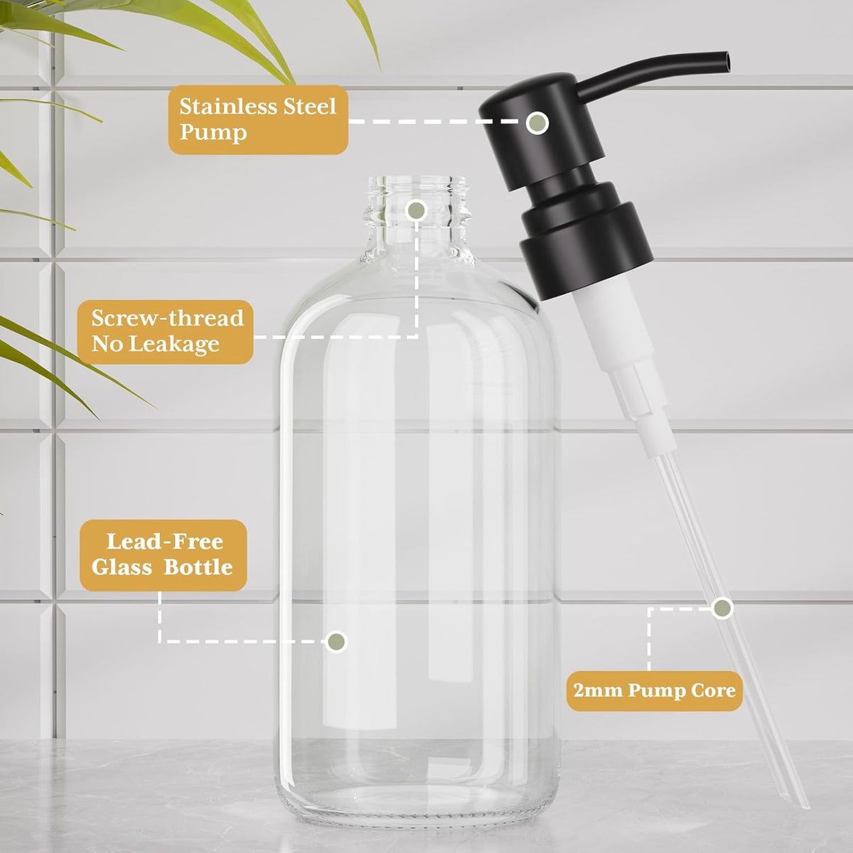 AmazerBath Soap Dispenser, 2 Pack Glass Soap Dispenser with Stainless Steel Pump, 17 Oz Bathroom