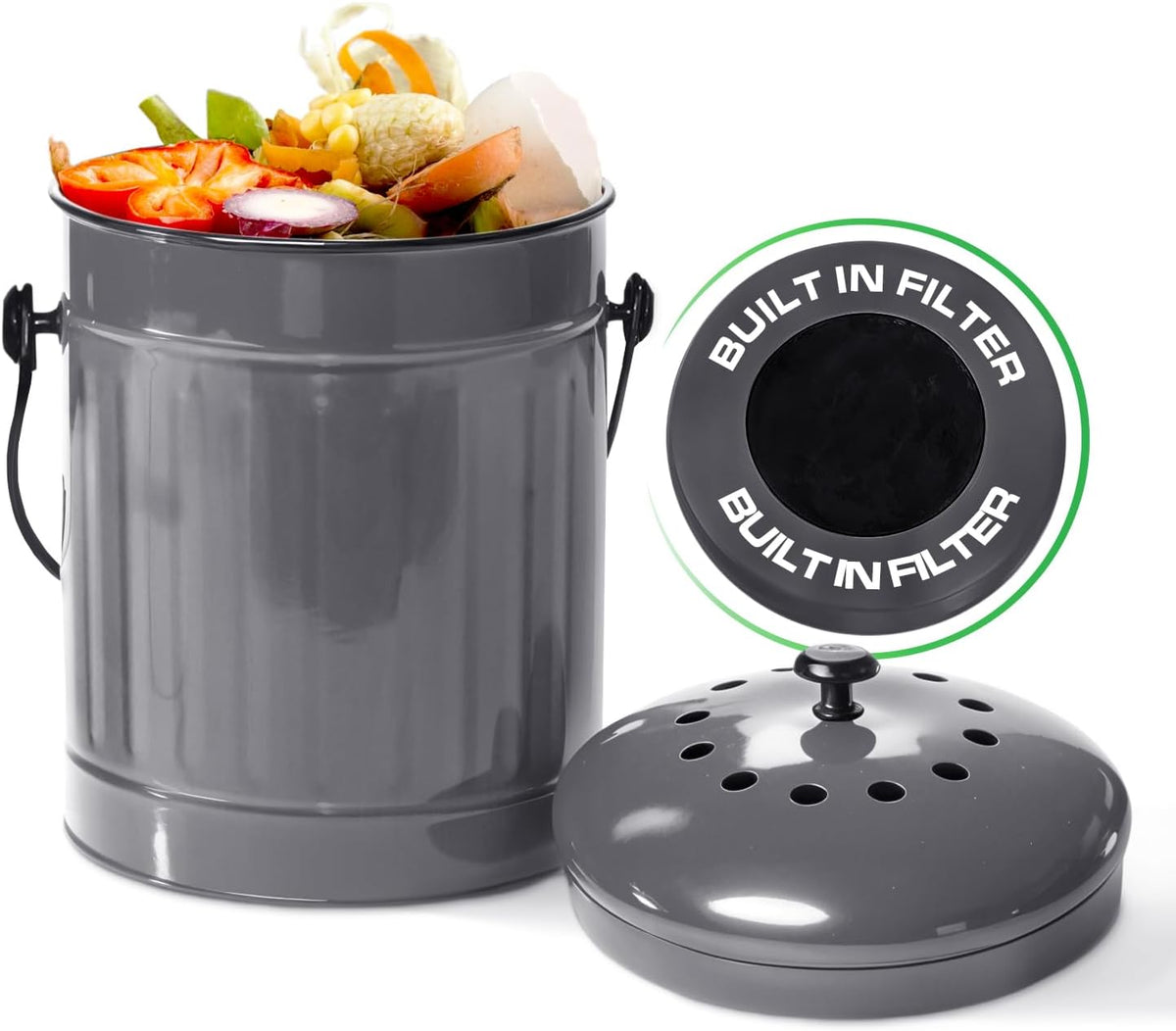 Plexon Countertop Compost Bin Kitchen with Lid, Gray 1.5 Gallon Odorless Container, Steel Food