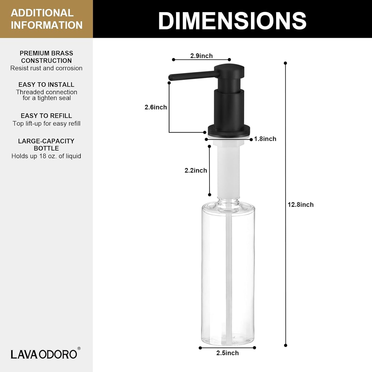 Lava Odoro Black Soap Dispenser for Kitchen Sink, Modern Brass Built in Countertop Pump Dispenser