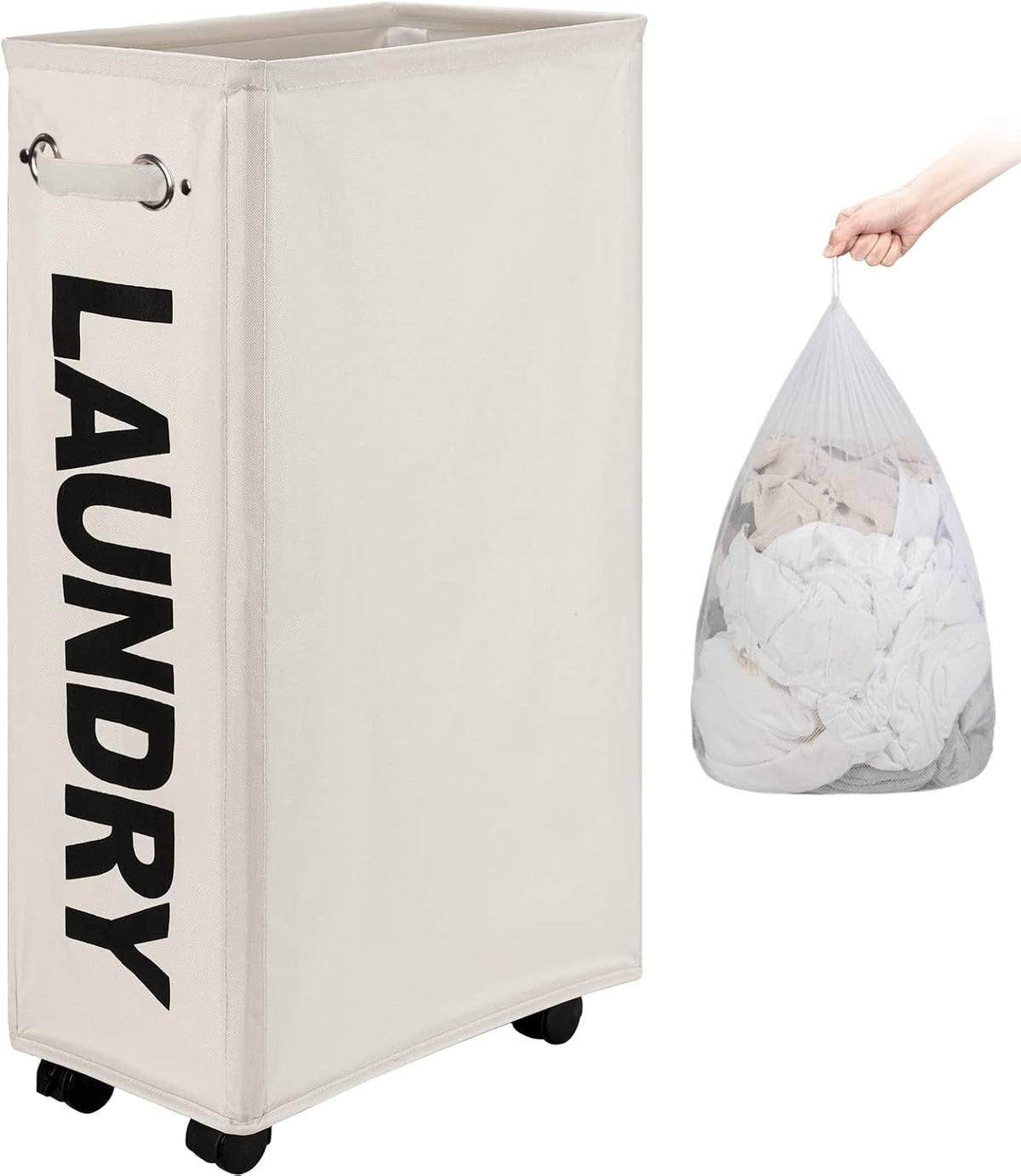 DOKEHOM 29-Inches Enlarged Slim Laundry Basket with Removable Wash Bag on Wheels, Collapsible