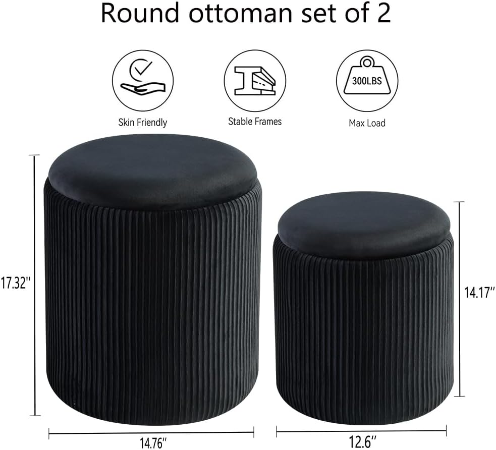 Round Set of 2 Ottoman with Storage-Upholstered Velvet Vanity Stool for Makeup Multifunctional