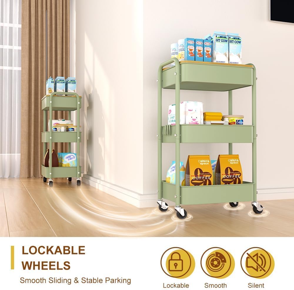3 Tier Metal Utility Cart, Rolling Storage Cart with Wooden Tabletop, Metal Organizer Cart with