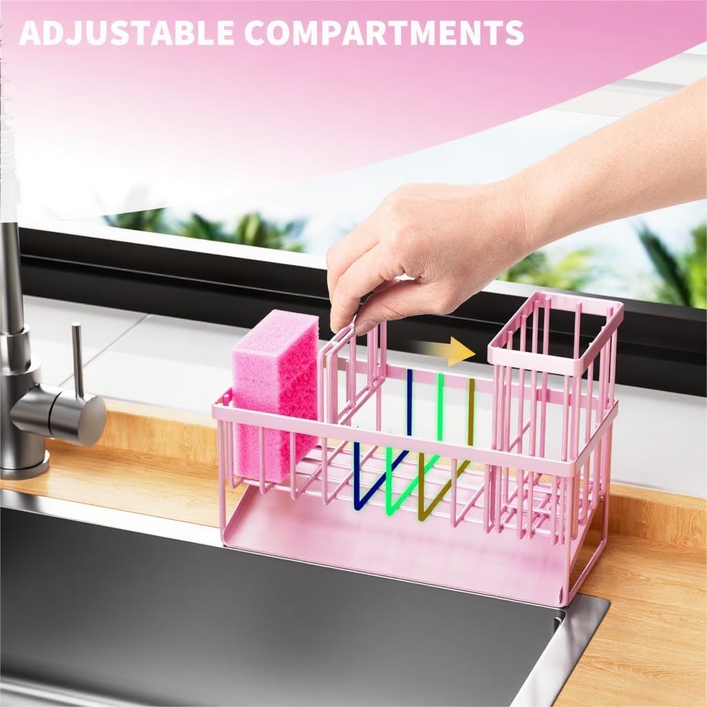 Cisily Pink Kitchen Sink Caddy Organzier with High Brush Holder, Sponge Holder for Sink, 304
