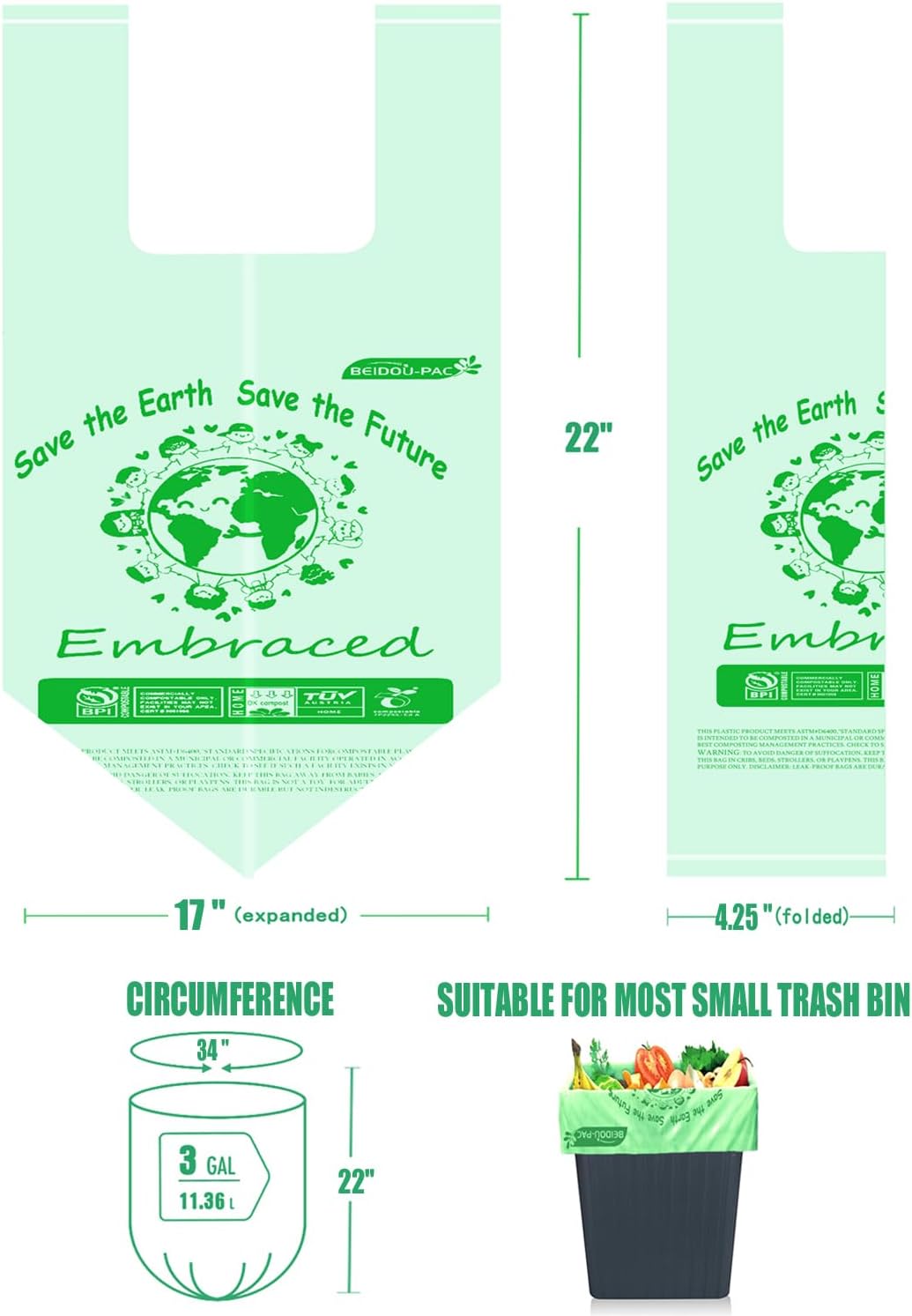 100% Compostable Trash Bags, 3 Gallon Compost Bags Small Kitchen Trash Bags with Handle, 200 Count